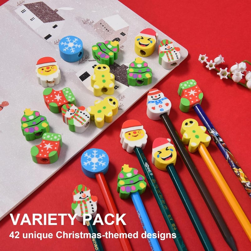 DOMG 42Pcs Christmas Pencil Top Erasers for Kids Bulk, Cute Cap Eraser Mini Eraser Toppers for Party Favors Goodie Bags Stuffers Stocking Stuffers Holiday Gifts - Image 3
